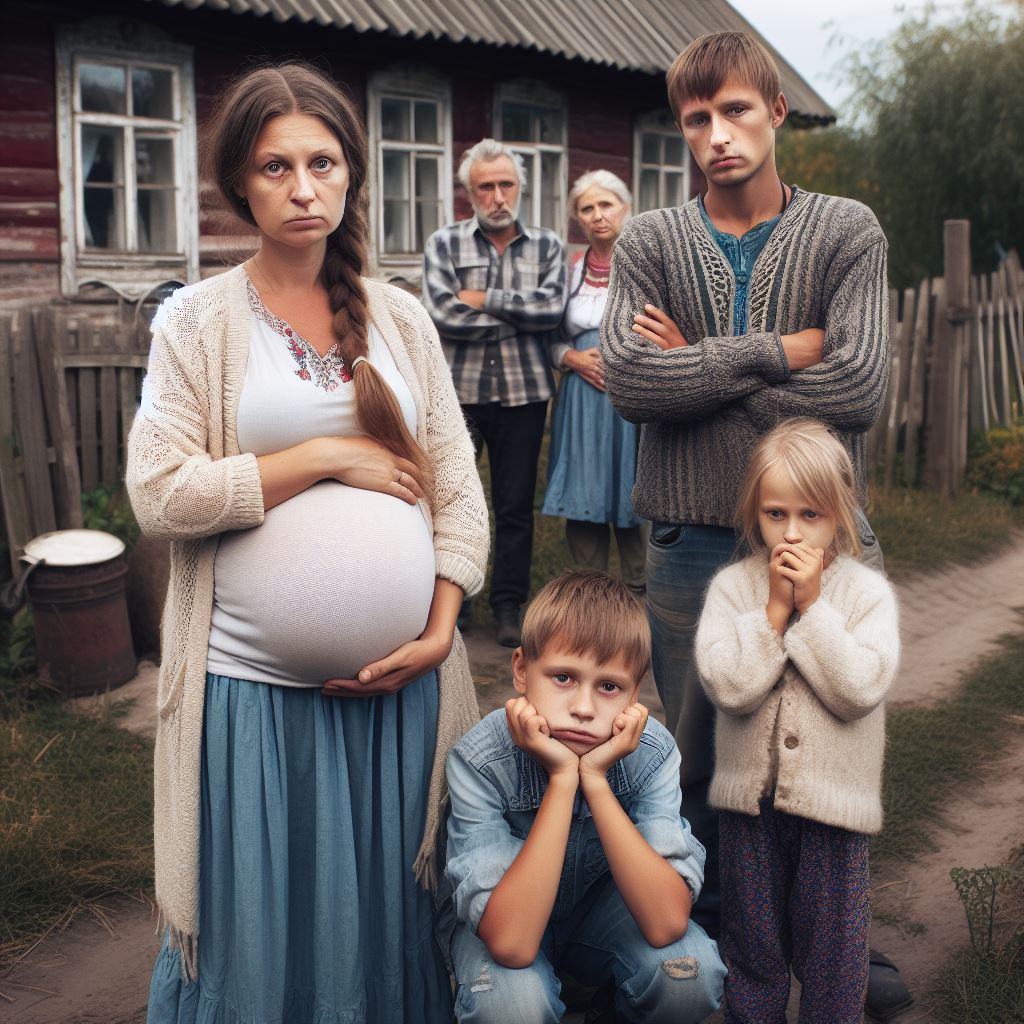 A family standing outside of a house.