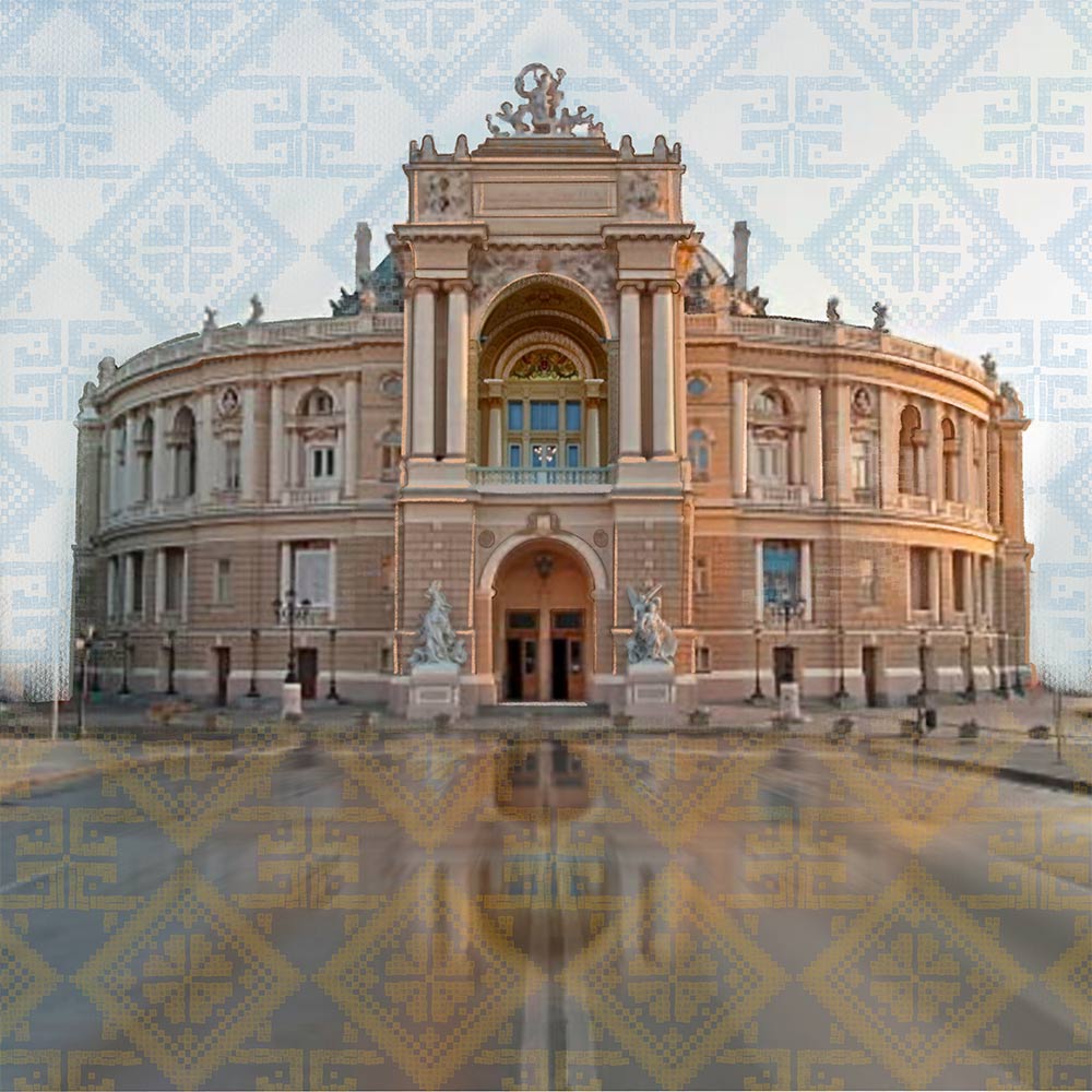 A illustration of a theater with a view from a balcony.