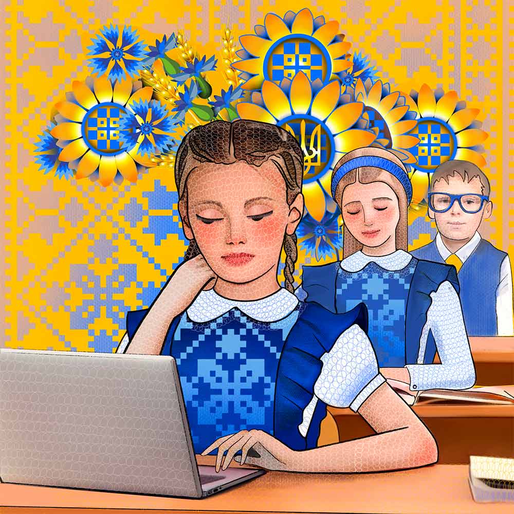 An illustration of three students learning in a classroom.