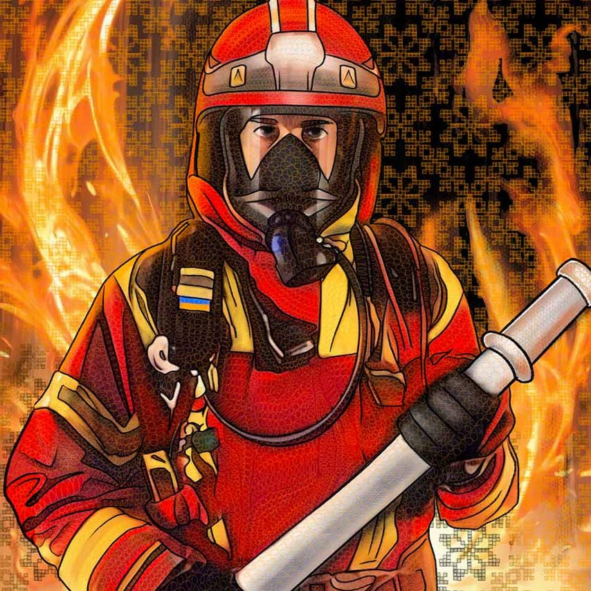 An illustration of a firefighter battling flames.