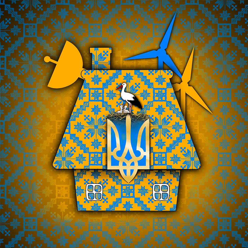 Design of a house with Ukrainian pattern implemented as a texture.