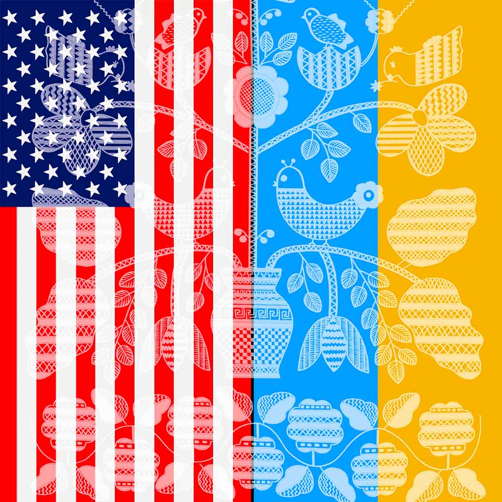 Illustration with Ukrainian and American flags, with a light pattern on top.