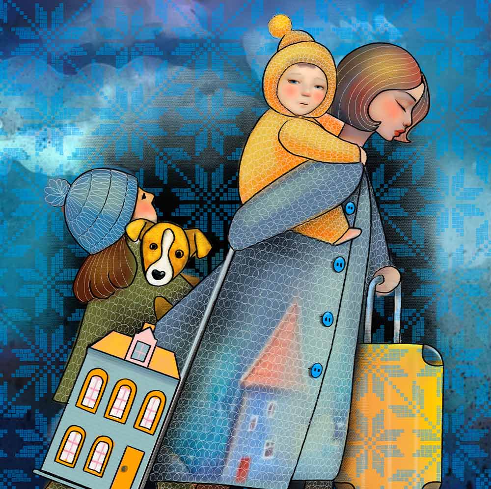 A illustration of a family carrying their belongings.